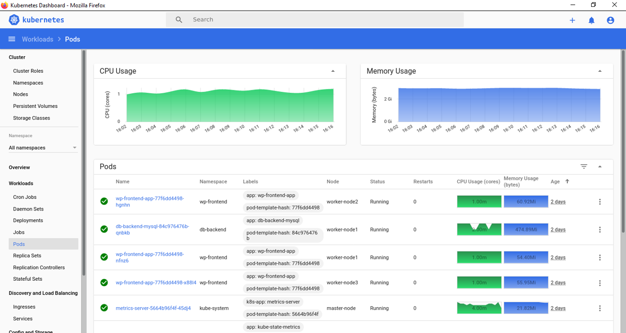 Sample Kubernetes Dashboard Screen